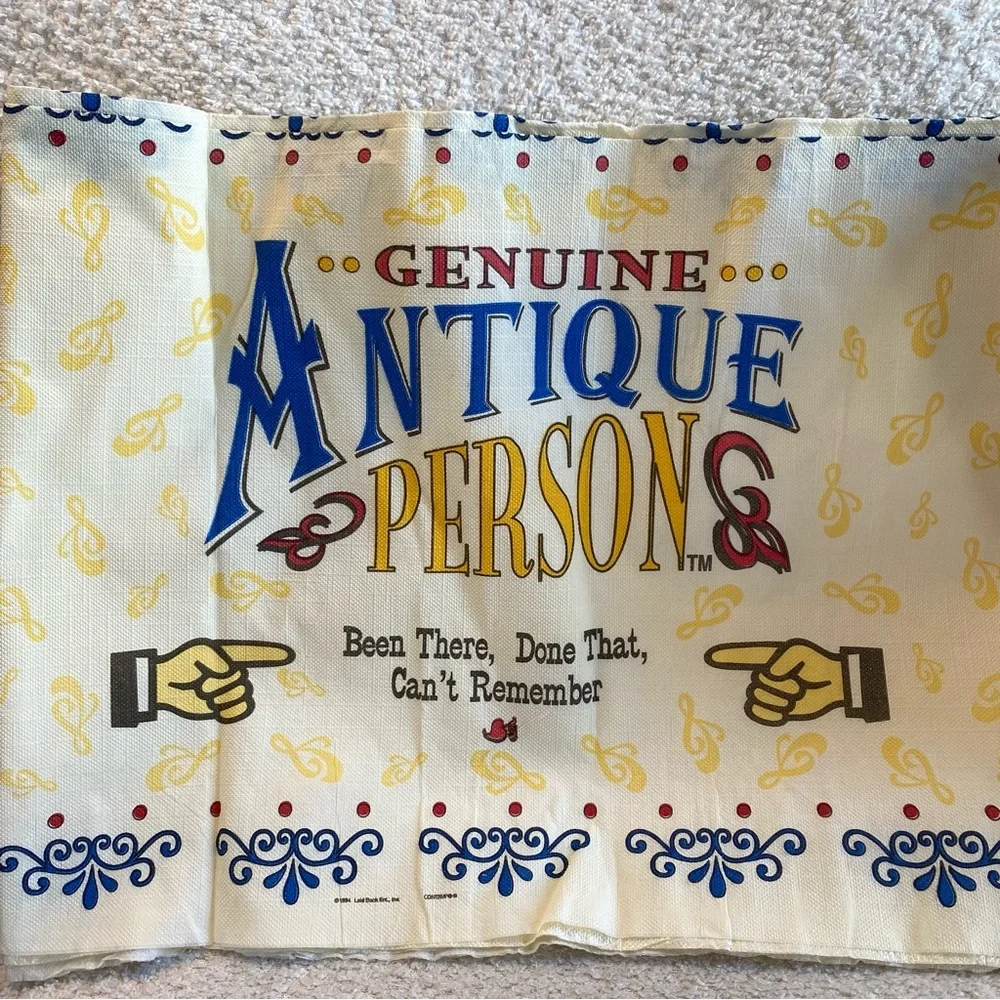 NEW Vintage 90s Plastic Backed Tablecloth “Genuine Antique Person” Birthday
